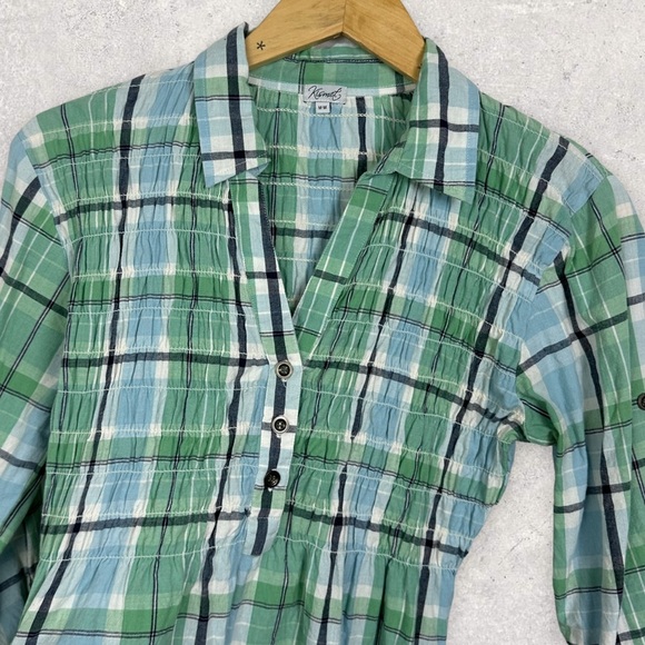 Kismet Green Plaid Popover Shirt Size Medium Ruched Collared Button Down Shirt M - Picture 5 of 11